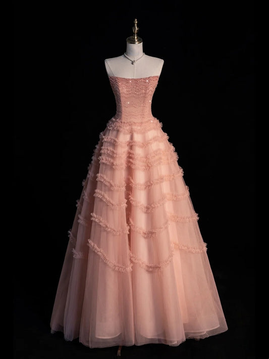 Cute Ball Gown Strapless Blush Pink Tulle Senior Prom Dresses High School Long Formal Dress N1273