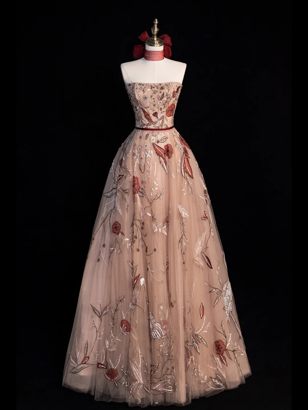 Modest Ball Gown Strapless Sleeveless Tulle Champagne Floral Long Prom Dress For Women Girls Evening Dresses N654