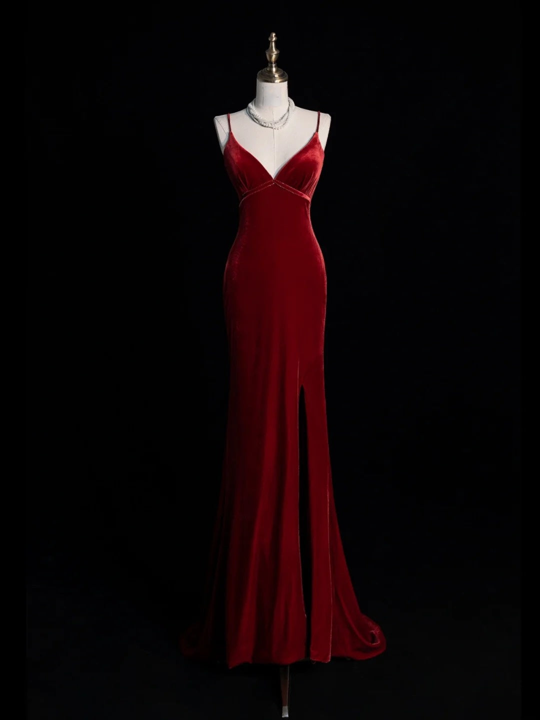 Modest Mermaid Spaghetti Strap Burgundy Velvet Sleeveless Long Prom Dress For Women Girls Evening Dresses N679