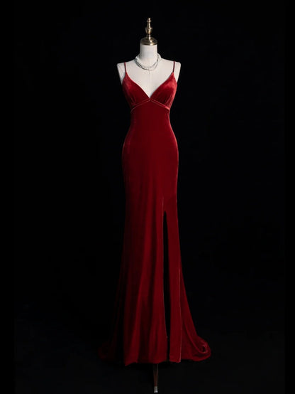 Modest Mermaid Spaghetti Strap Burgundy Velvet Sleeveless Long Prom Dress For Women Girls Evening Dresses N679