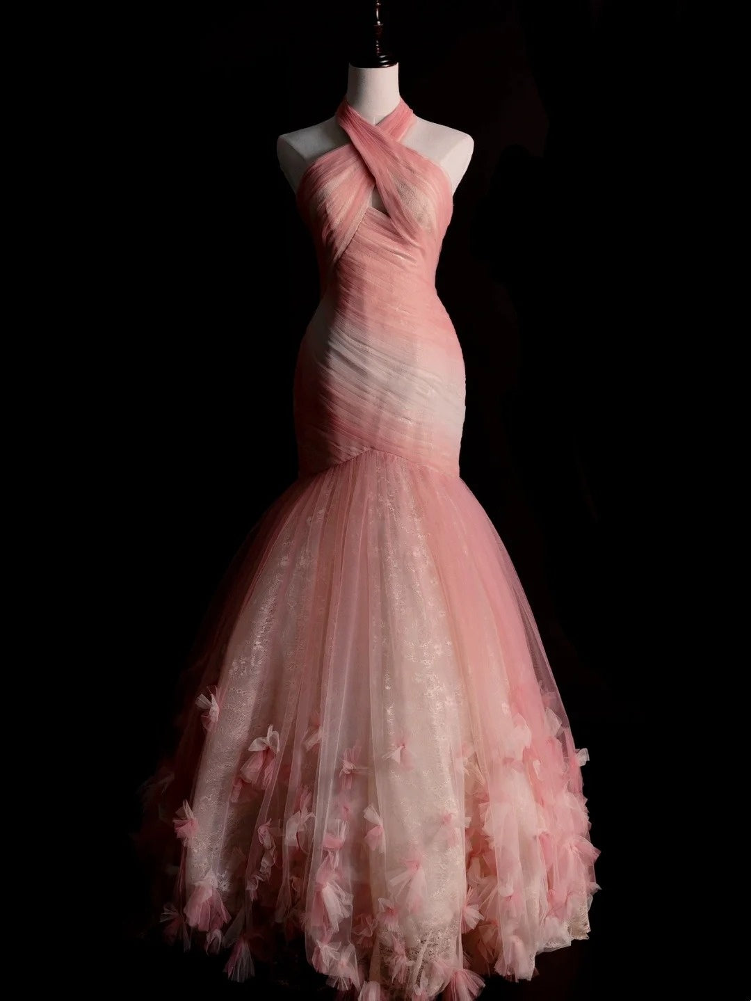 Classy Mermaid Halter Tulle Pink College Formal Outfit Long Prom Dress Graduation Dresses N1229