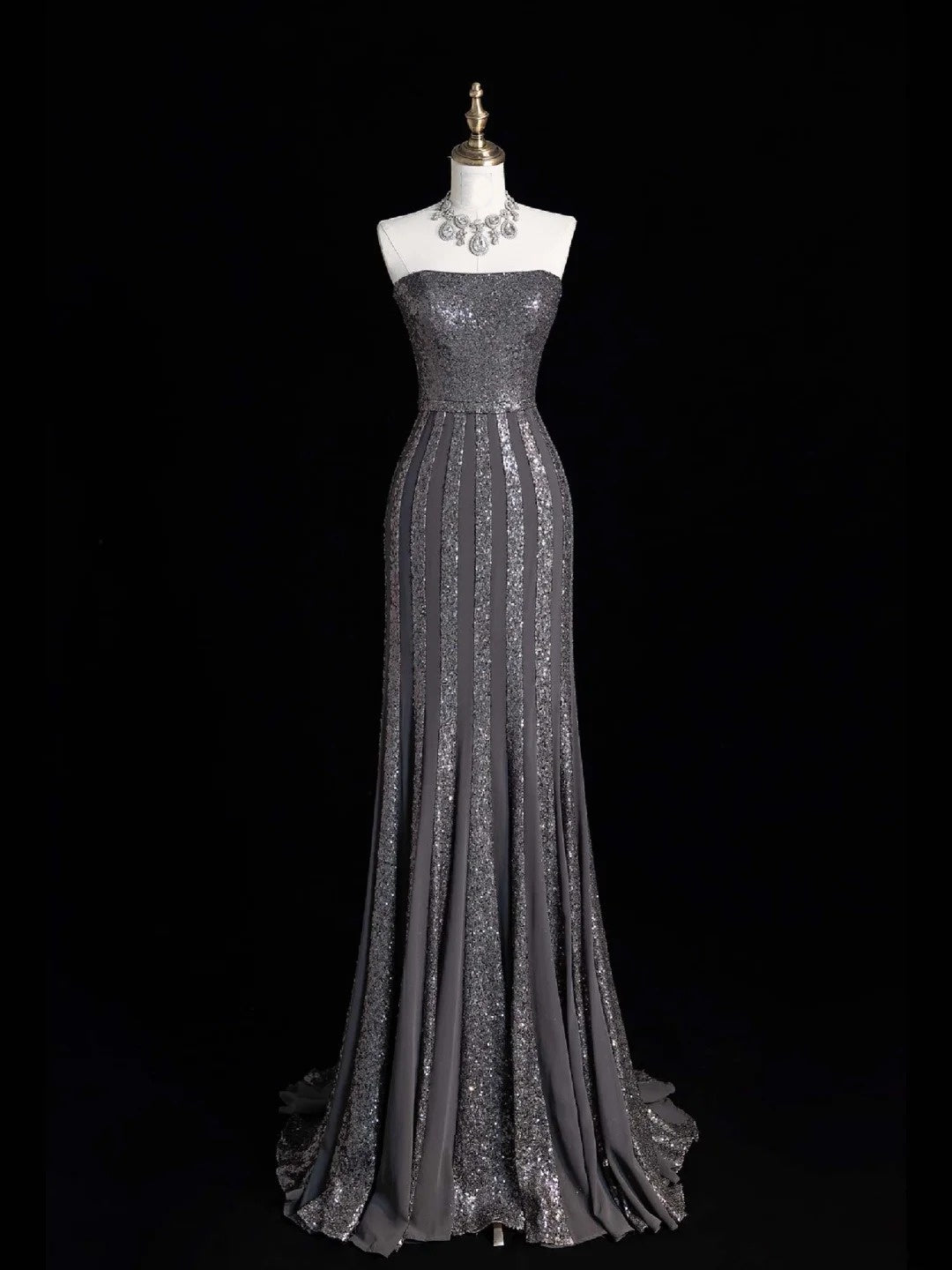 Sparkly Mermaid Strapless Silver Grey Sequins Senior Prom Dresses High School Long Formal Dress N1282
