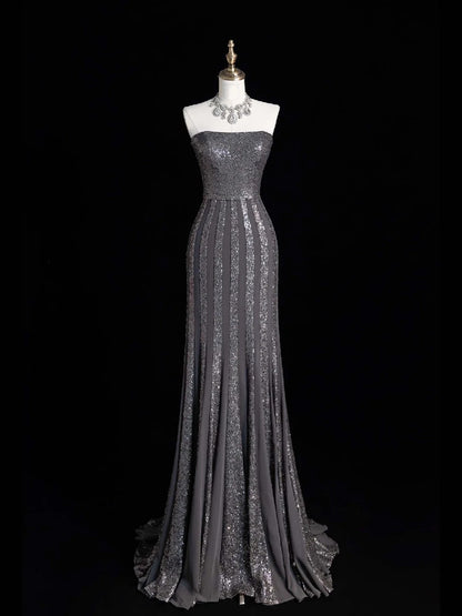 Sparkly Mermaid Strapless Silver Grey Sequins Senior Prom Dresses High School Long Formal Dress N1282