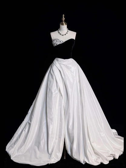 Modest Ball Gown Sweetheart Black Top White Satin Long Prom Dress For Women Girls Evening Dresses N650