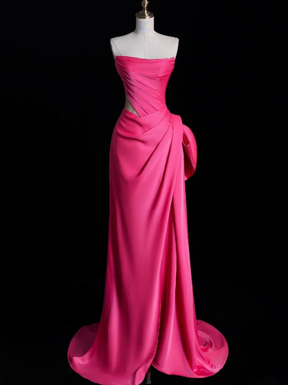 Simple Mermaid Strapless Pink Satin Pleated With Satin Long Prom Dresses Formal Gowns N849