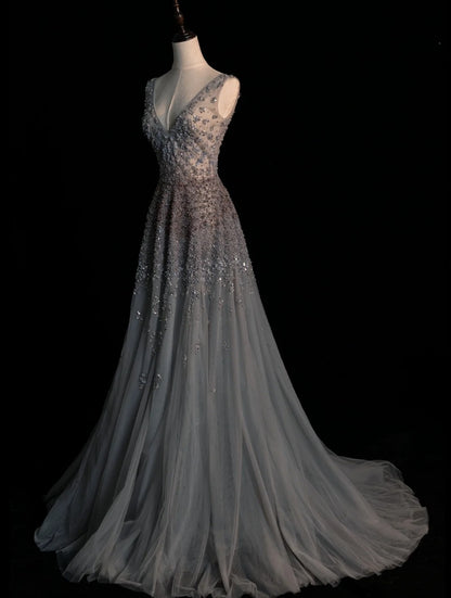 Modest A line V Neck Grey Tulle With Beadings College Formal Outfits Long Prom Inspo Graduation Dresses N1230