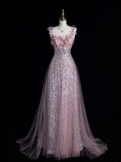 Elegant A line Spaghetti Straps Pink Sequins Long Prom Dresses Formal Party Gowns Vestidos De Dia N766