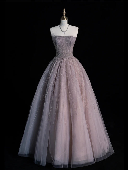 Modest Ball Gown Strapless Beadings Gray Tulle Long Prom Dresses For High School Teens Girls Formal Bridesmaid Dress N1071