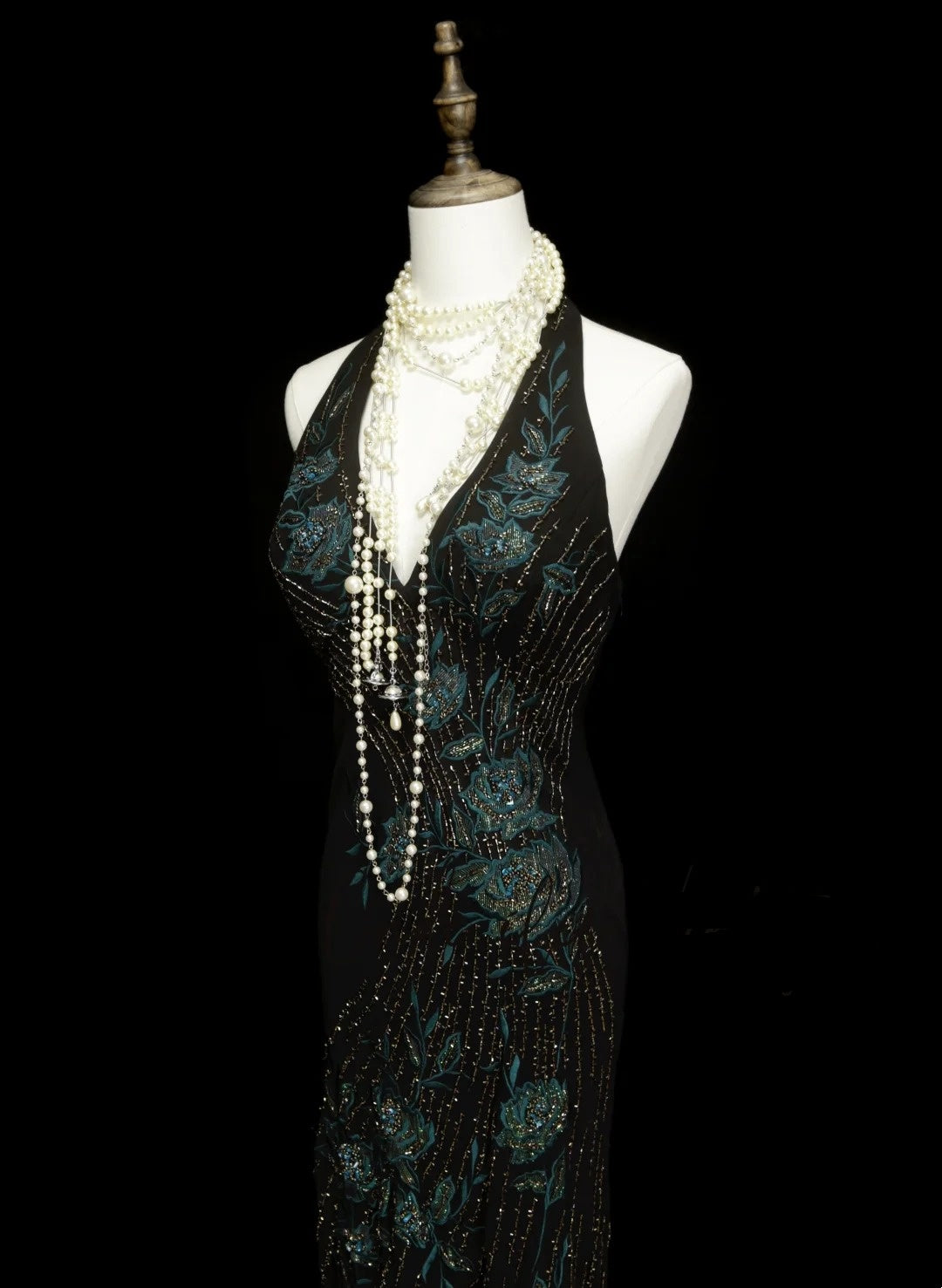 Vintage Prom Dresses Aesthetic Mermaid Halter Floral Chiffon Black With Beaded Crystals Bodice Inspo Formal Party Gowns N1824