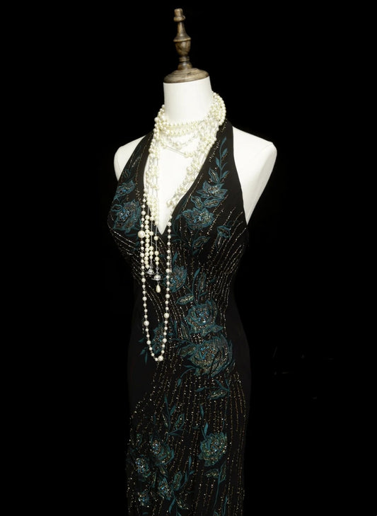 Vintage Prom Dresses Aesthetic Mermaid Halter Floral Chiffon Black With Beaded Crystals Bodice Inspo Formal Party Gowns N1824