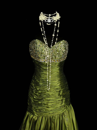 Vintage Prom Dresses Aesthetic Mermaid Sweetheart Green Satin With Beaded Crystals Bodice Inspo Formal Party Gowns N1825