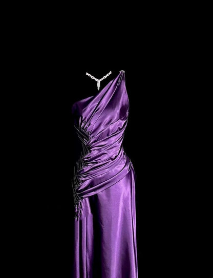 Modest Prom Dresses Mermaid One Shoulder Purple Satin With Ruffled Long Evening Outfits N3432