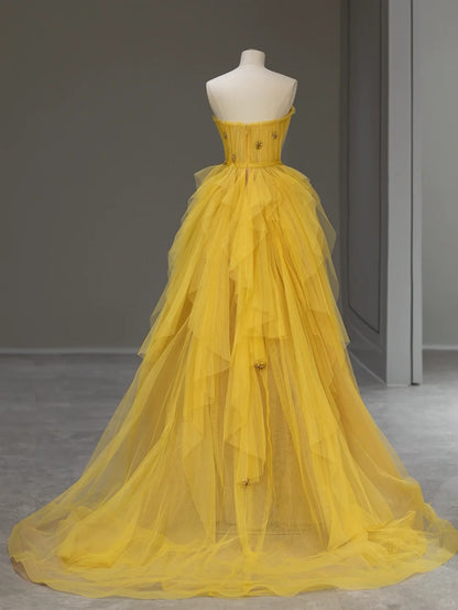 Princess Prom Dresses Ball Gown Strapless Yellow Tulle Sweet 16 Evening Long Formal Dress RB4004