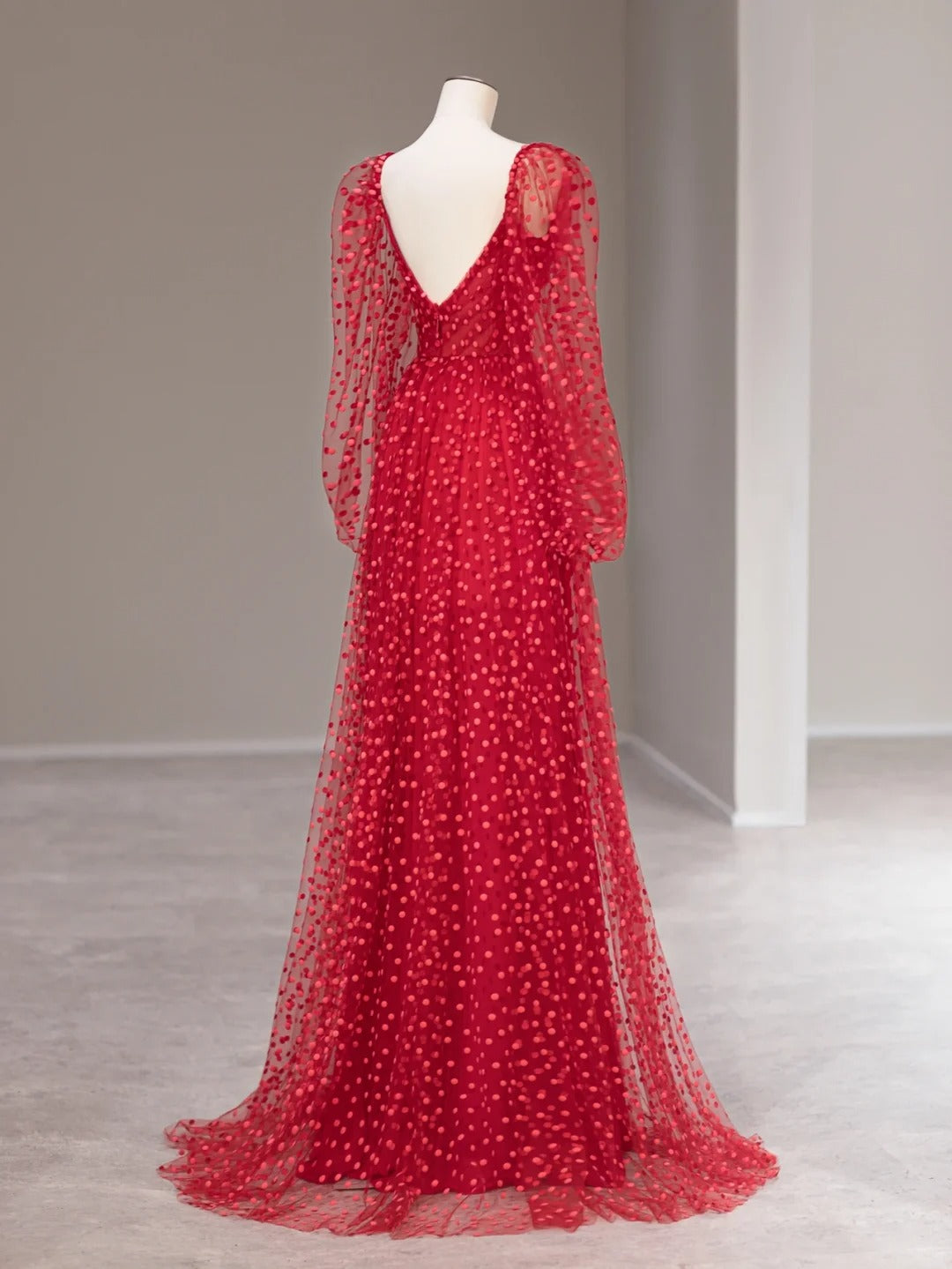 Sweet A line Sweetheart Red Polka Dots Tulle Sleeveless Long Prom Dresses Formal Outfits RB3986
