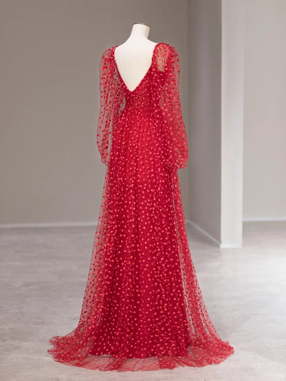 Sweet A line Sweetheart Red Polka Dots Tulle Sleeveless Long Prom Dresses Formal Outfits RB3986