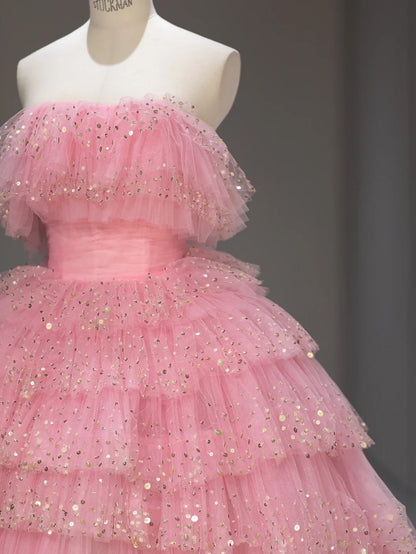 Princess Prom Dresses Ball Gown Strapless Pink Tulle Sweet 16 Evening Long Formal Dress RB4006