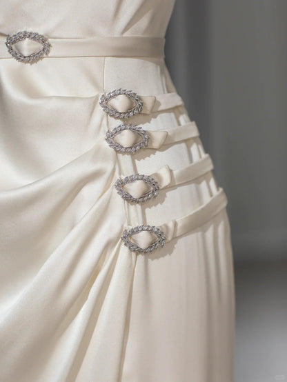Chic Mermaid Cowl Neck Satin White Long Summer Bridal Gown Wedding Dresses RB4001
