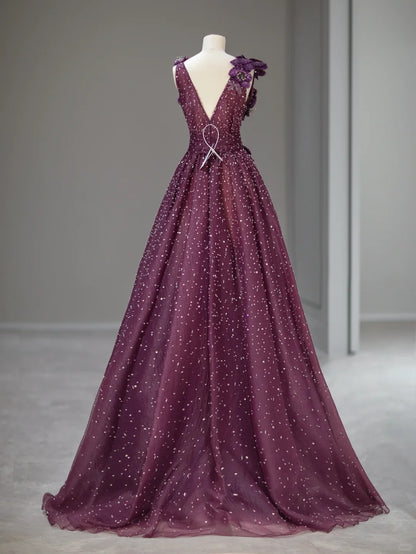 Elegant A Line V Neck Purple With Flower Beads Long Prom Dresses Inspo Evening Outfits RB3999