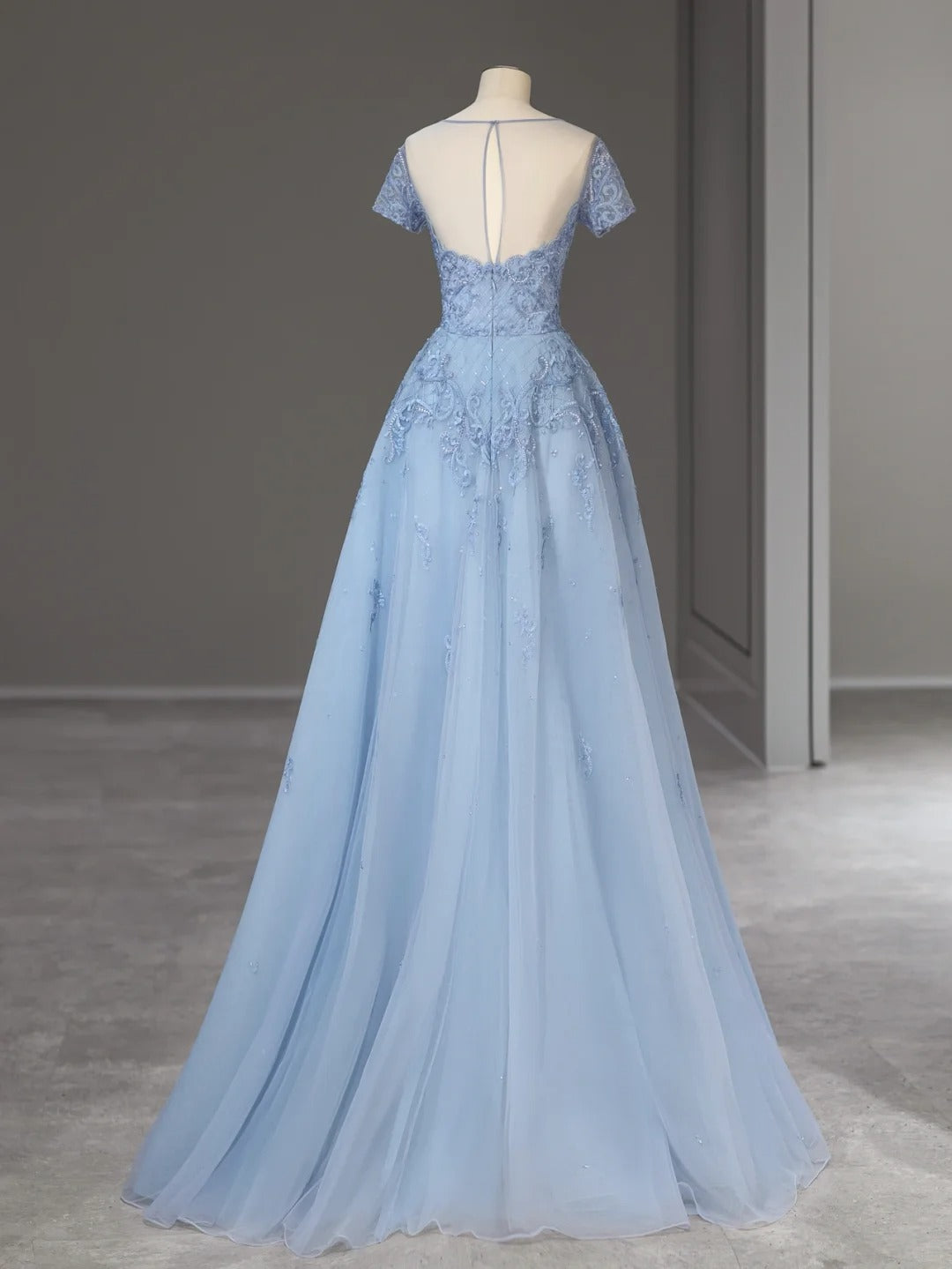 Elegant A Line Scoop Light Blue Tulle With Appliqued Long Prom Dresses Inspo Evening Outfits RB3997
