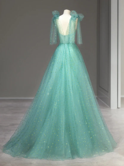 Beautiful Ball Gown Straps Green Tulle Sleeveless Long Prom Dresses Inspo Formal Outfits RB3990