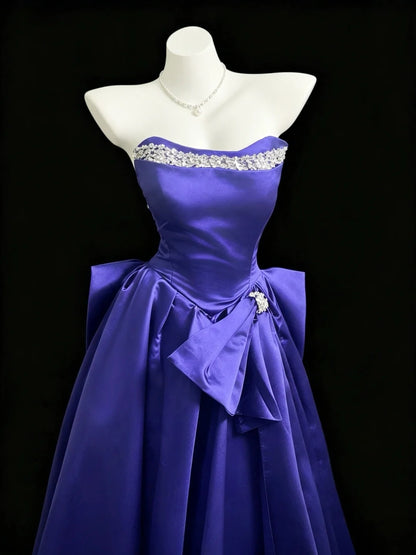 Beautiful A line Sweetheart Blue With Bow Silver Beading Long Prom Dress Formal Dress Party Dresses RB7208