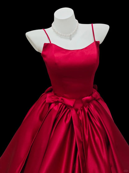Romantic Ball Gown Spaghetti Strap Red Satin Senior Short Graduation High School Homecoming Dresses N4514