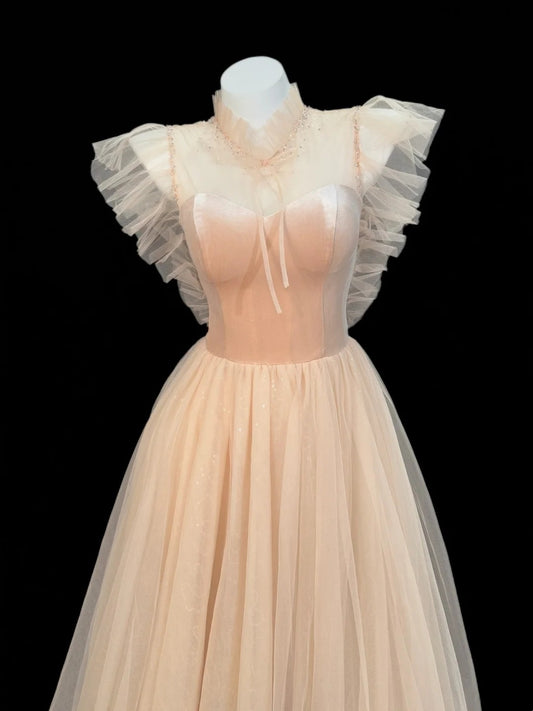 Princess Prom Dresses Formal A Line Square Neck Blush Pink Tulle Long Party Gowns N4503