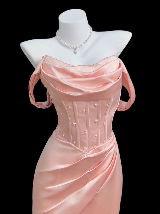 Princess Prom Dresses Formal Mermaid Off The Shoulder Blush Pink Satin Long Party Gowns N4558