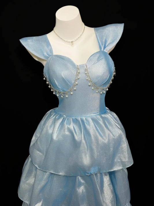Princess Prom Dresses Formal Ball Gowns Sweetheart Blue With Pearls Long Party Gowns N4536