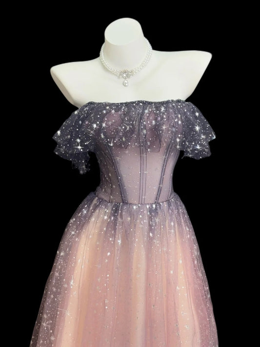 Chic A line Off The Shoulder Pink Sequin Date Floor Length Night Evening Outfit Formal Prom Dresses RB5436