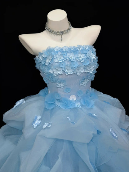 Pretty Ball Gown Strapless Blue With 3D Flowers Senior Inspo Graduation High School Homecoming Dresses N4517