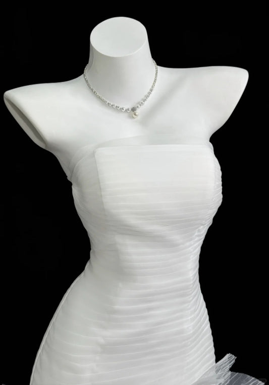 Vintage Mermaid Strapless Sleeveless White Tulle With Flowers Wedding Ruffled Bridal Gown Long Wedding Dresses RB4355