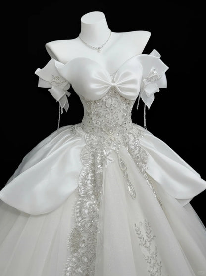 Vintage Ball Gown Off The Shoulder White Tulle With Beading Wedding Ruffled Bridal Gown Long Wedding Dresses RB4346