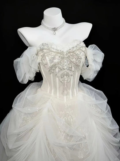 Elegant Ball Gown Off The Shoulder White Tulle With Beading Ruffled Wedding Bridal Gown Long Wedding Dresses RB4455