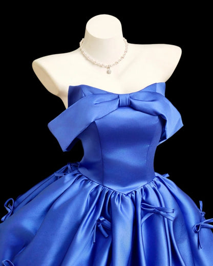 Romantic Ball Gown Off The Shoulder Royal Blue Satin Senior Short Graduation High School Homecoming Dresses N4524