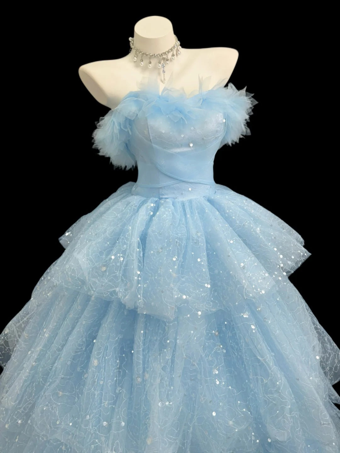 Stylish Ball Gown Off The Shoulder Light Blue Tulle Floor Length Prom Dresses Inspo Formal Outfits RB4453