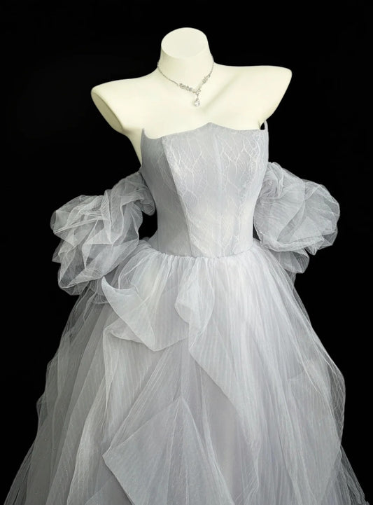 Princess Prom Dresses Formal Ball Gowns Off The Shoulder Gray With Sleeves Tulle Long Party Gowns N4534