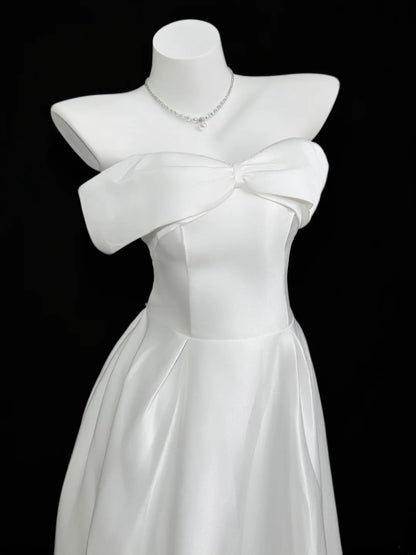 Cute A line Off The Shoulder White Satin Summer Beach Spring Summer Event Outfits Wedding Guest Dresses RB4357
