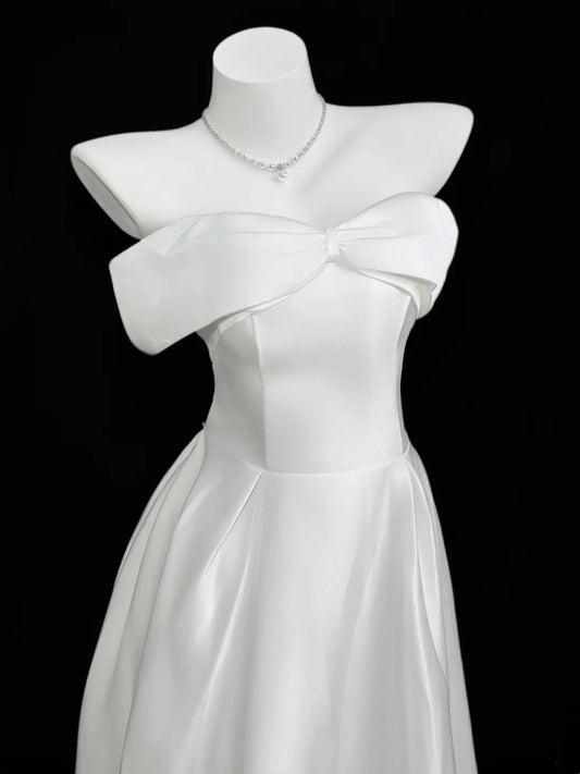 Cute A line Off The Shoulder White Satin Summer Beach Spring Summer Event Outfits Wedding Guest Dresses RB4357