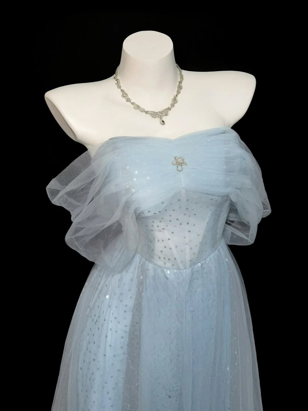 Princess Prom Dresses Formal A Line Off The Shoulder Light Blue With Sleeves Long Party Gowns N4520