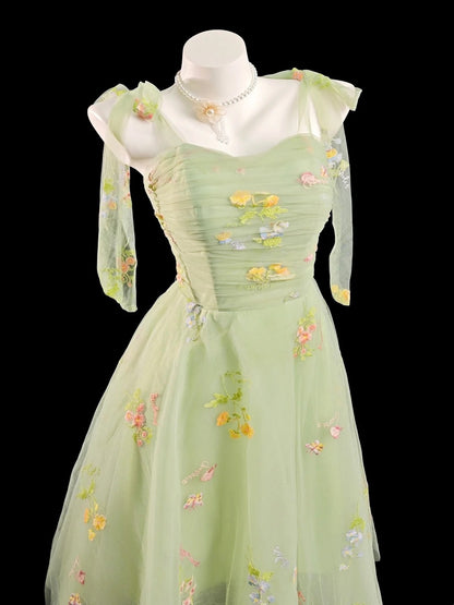 Romantic A Line Spaghetti Strap Sage Green Flowers Senior Inspo Graduation High School Homecoming Dresses N4496