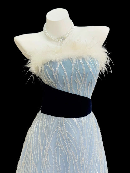 Princess Prom Dresses Formal A Line Strapless Sequin Light Blue With Feathers Long Party Gowns N4522