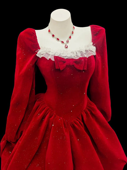 Beautiful Ball Gown Square Neck Red With Long Sleeves Velvet 12th Grad Short Mini length Aesthetic Homecoming Dresses RB4361