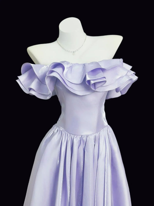 Chic A line Off The Shoulder Lilac With Sleeves Date Floor Length Night Evening Outfit Formal Prom Dresses RB5456
