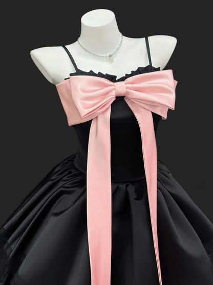 Romantic Ball Gown Spaghetti Strap Pink Black Satin Senior Short Graduation High School Homecoming Dresses N4513