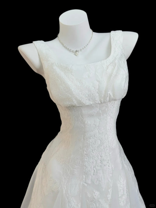 Pretty A line Square Neck White Lace Spring Summer Event Outfits Wedding Guest Dresses RB4347