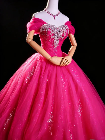 Princess Ball Gown Off The Shoulder Hot Pink Quince Dress Long Sweet 15 16 Quinceanera Dresses Vestido de princesa RB4475