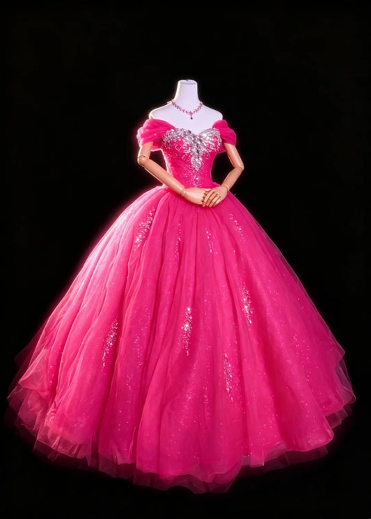 Princess Ball Gown Off The Shoulder Hot Pink Quince Dress Long Sweet 15 16 Quinceanera Dresses Vestido de princesa RB4475