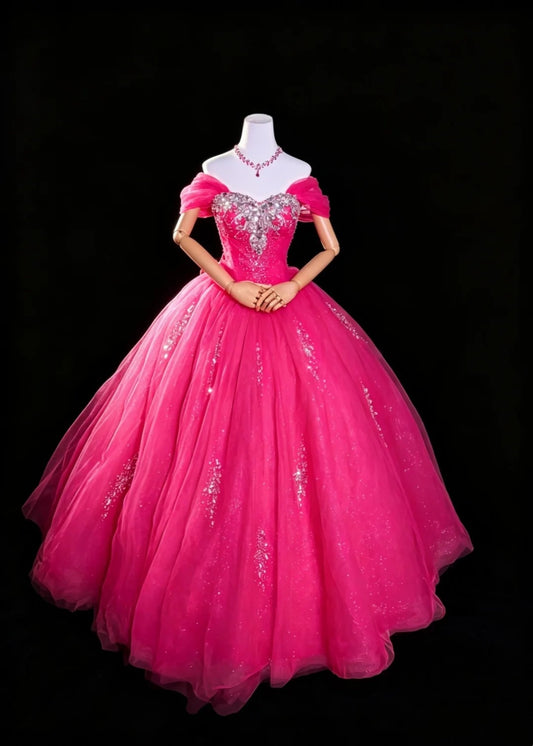 Princess Ball Gown Off The Shoulder Hot Pink Quince Dress Long Sweet 15 16 Quinceanera Dresses Vestido de princesa RB4475