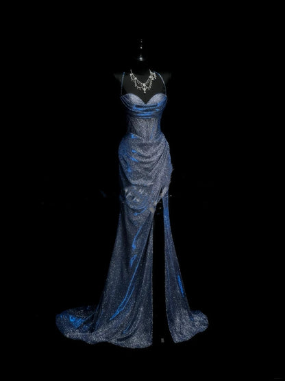 Elegant Mermaid Spaghetti Straps Navy Blue Slit Sequins Long Prom Dresses Formal Party Gowns Vestidos De Dia AB615